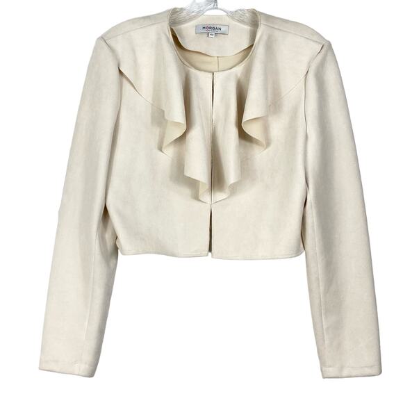 Morgan de Toi Jackets & Blazers - NWOT MORGAN DE TOI Blazer 42~US 10 Ivory Faux-Suede Ruffle Hook-Eye Long-Sleeve